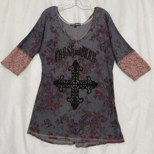Crash & Burn Gray Floral Tunic, size L with Pink Lace Sleeves